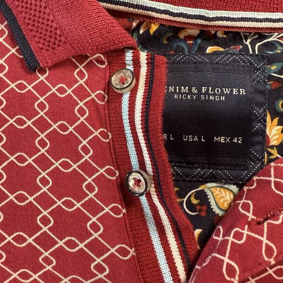 Denim And Flower Ricky Singh Red Patterned Polo 100% Cotton L - Picture 4 of 13